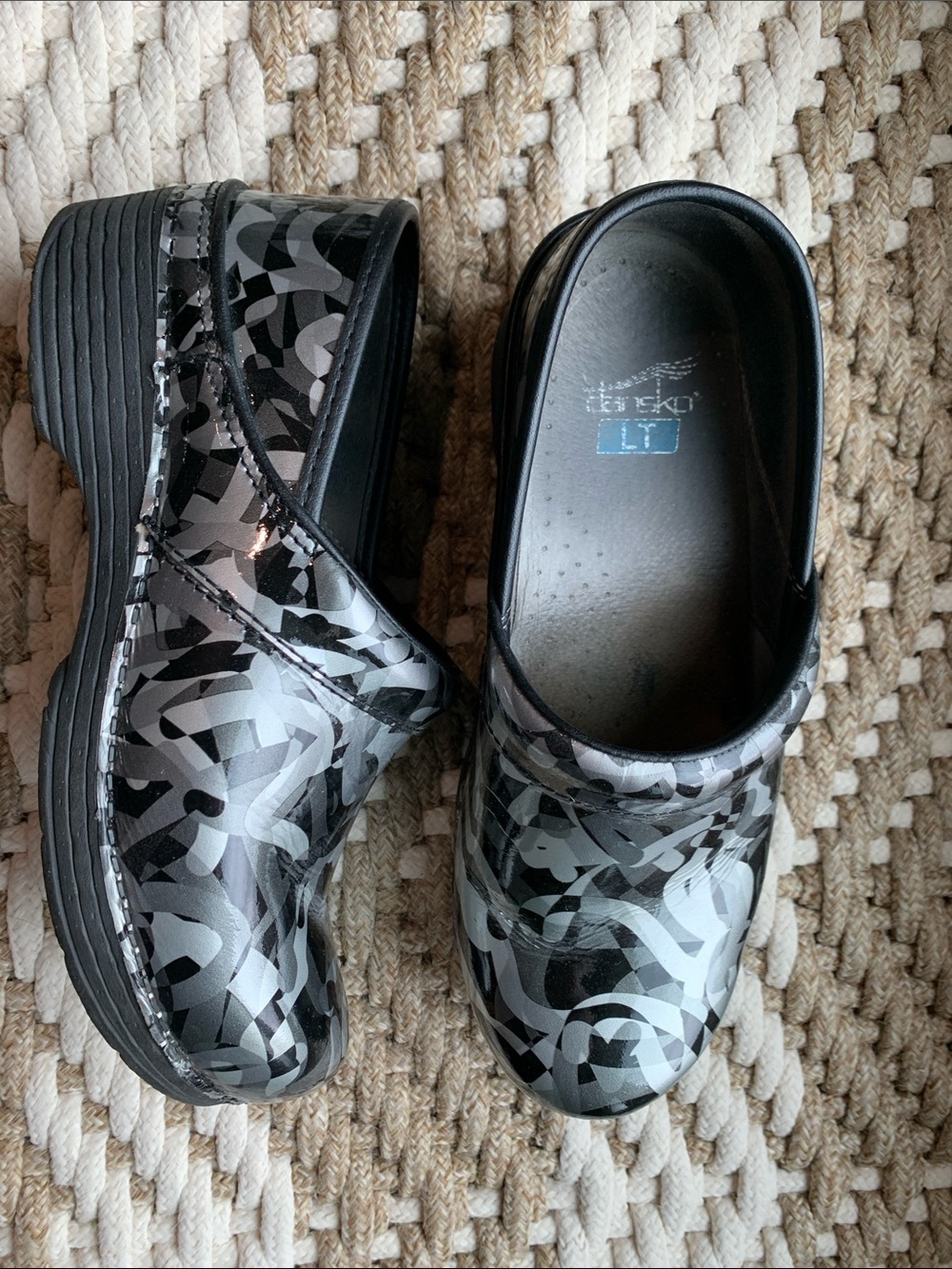 Dansko Black and Gray Graphic Patent Clogs